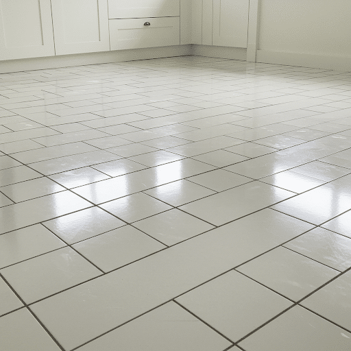 Tile Flooring Remodeling Services in Chicago – Sleek, freshly installed white ceramic tiles in a modern kitchen space, showcasing clean grout lines and a polished finish.