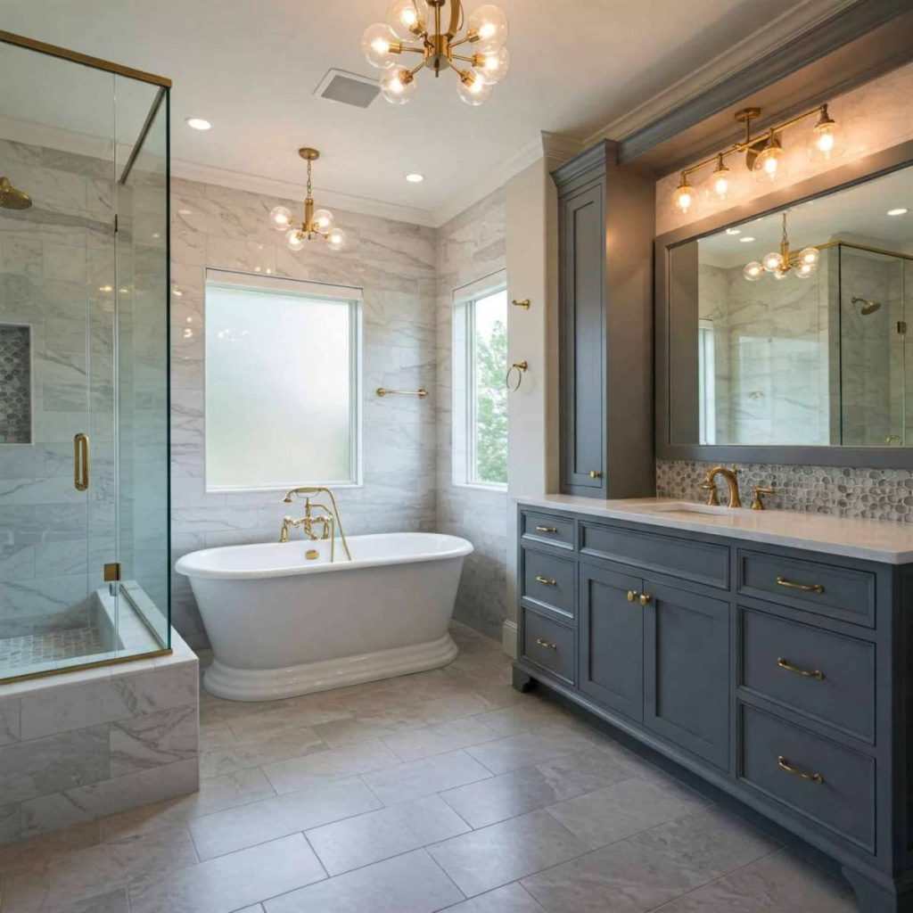 Luxury en-suite bathroom remodeling with glass shower and vanity