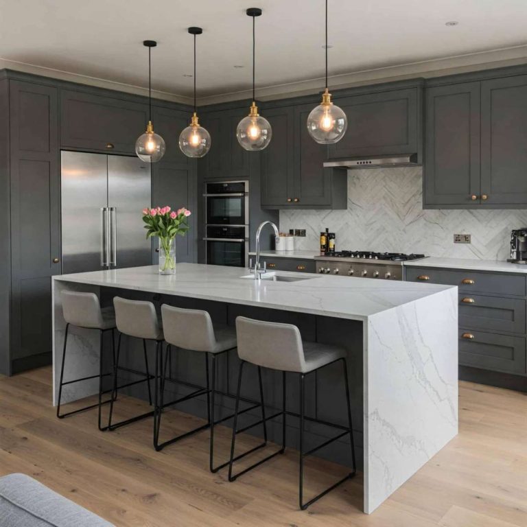 High-end kitchen remodeling project with gray cabinets and quartz island