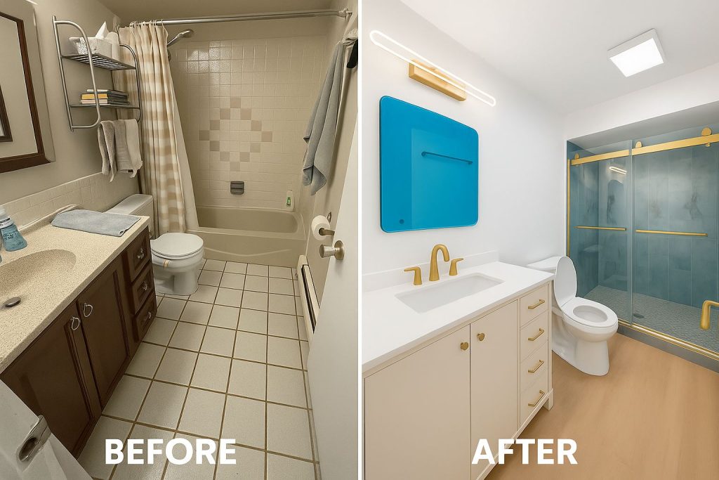 Before and after comparison for a Hoffman Estates bathroom renovation with custom tile work