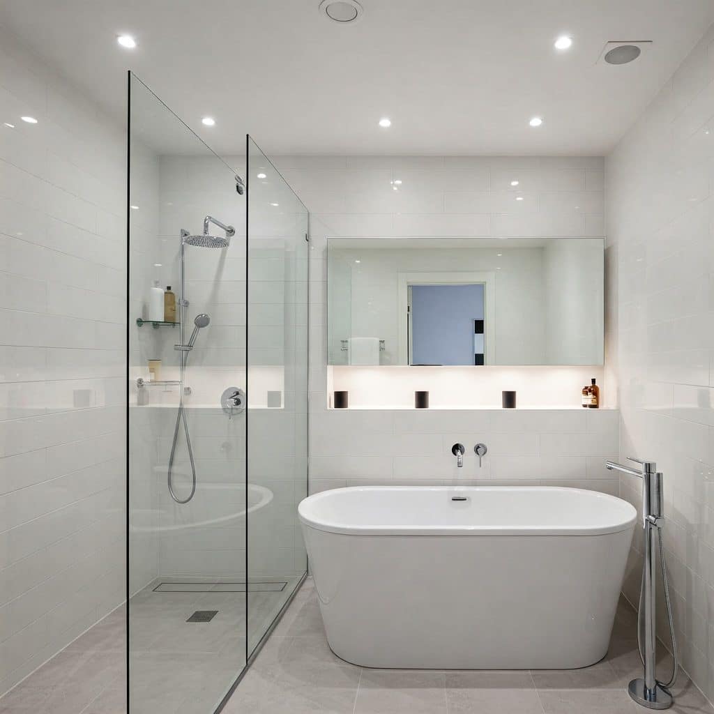 Modern bathroom remodeling with frameless glass shower and soaking tub