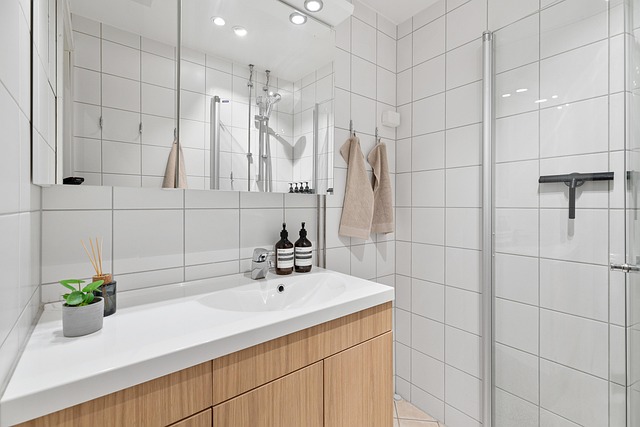 Bright bathroom remodel with wood vanity, white tile walls, glass shower, and modern lighting