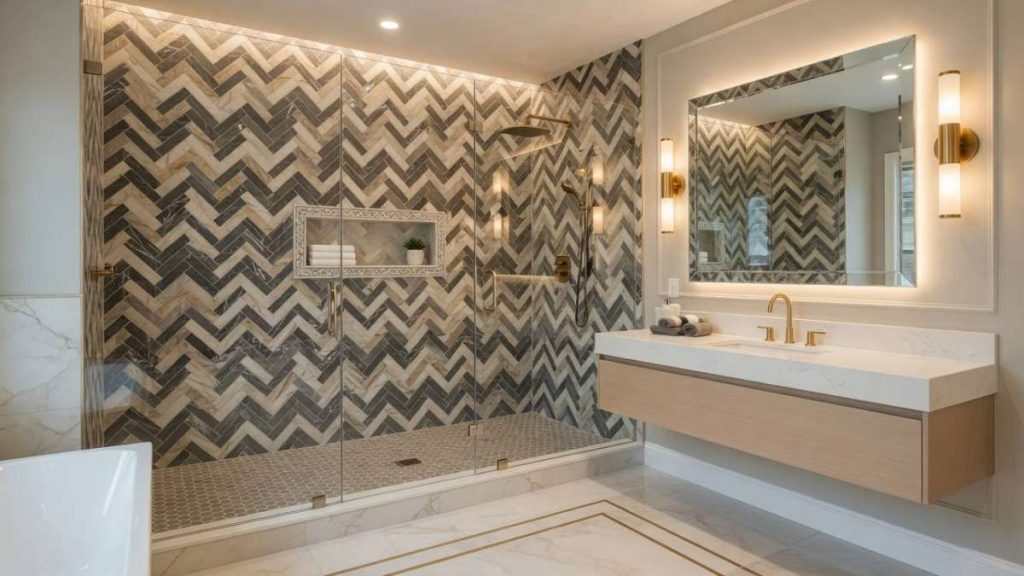 Glass shower, herringbone tile and floating vanity