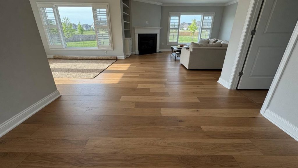 New wide plank flooring installed in a bright Hoffman Estates living room